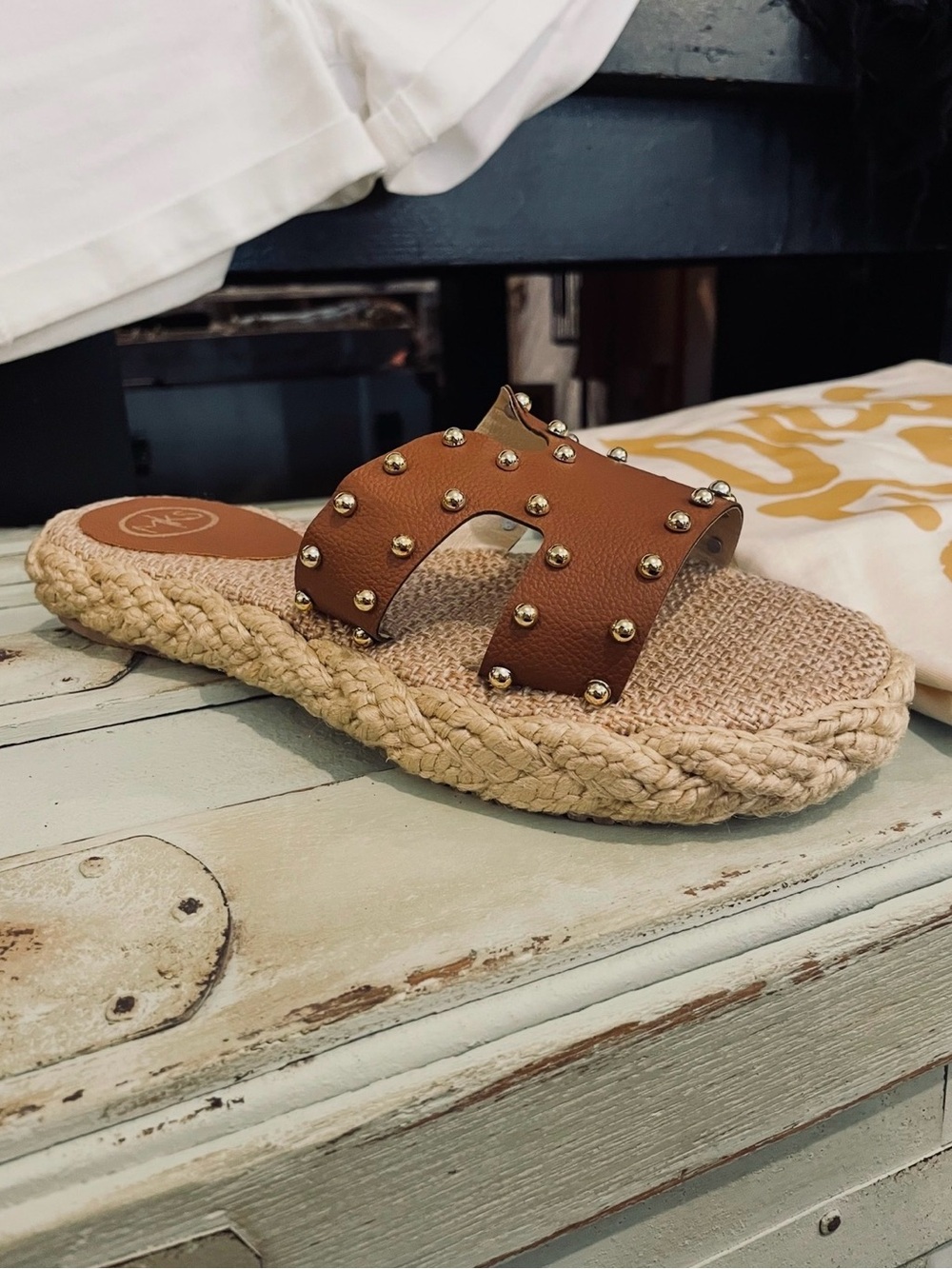 Studded Braided Espadrille Slide Sandal — Brown